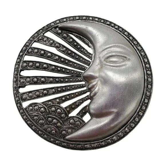 Vtg Man in the Moon Brooch Pin Signed Tona Pewter Silver Tone Faux Marquisite - Picture 2 of 9